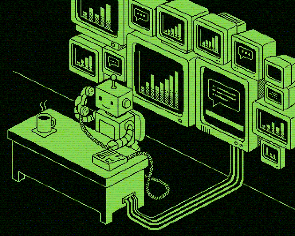 Pixel-art illustration: a small robot answering a corded phone at a desk at night, in front of a wall of CRT monitors showing charts and chat bubbles